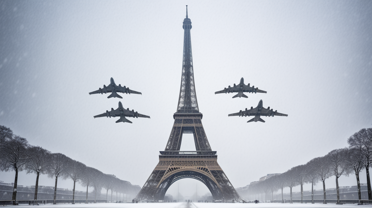 Eiffel tower in winter snow storm with 3