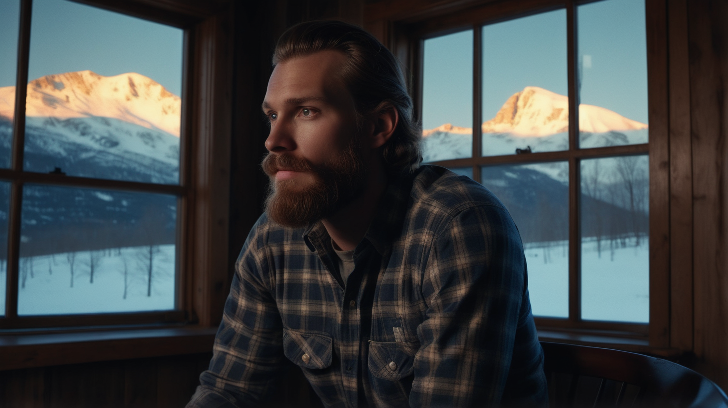 The photo is taken in a mountain house. a handsome man is sit on a chair near the window (we can see the snow mountains at a distance) and a chimney, he's got his back to the camera. he is wearing a plaid shirt and jeans. he has long brown hair and a beard. he is looking back at the viewer with a sugestive look (almost inviting us to be there). outside it is night and snowy. The lighting in the portrait should be dramatic. Sharp focus. A perfect example of cinematic shot. Use muted colors to add to the scene. 