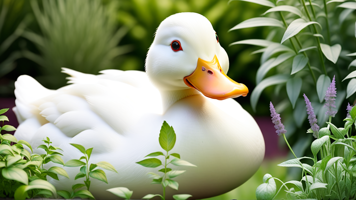 A white duck amongst herbs in a garden