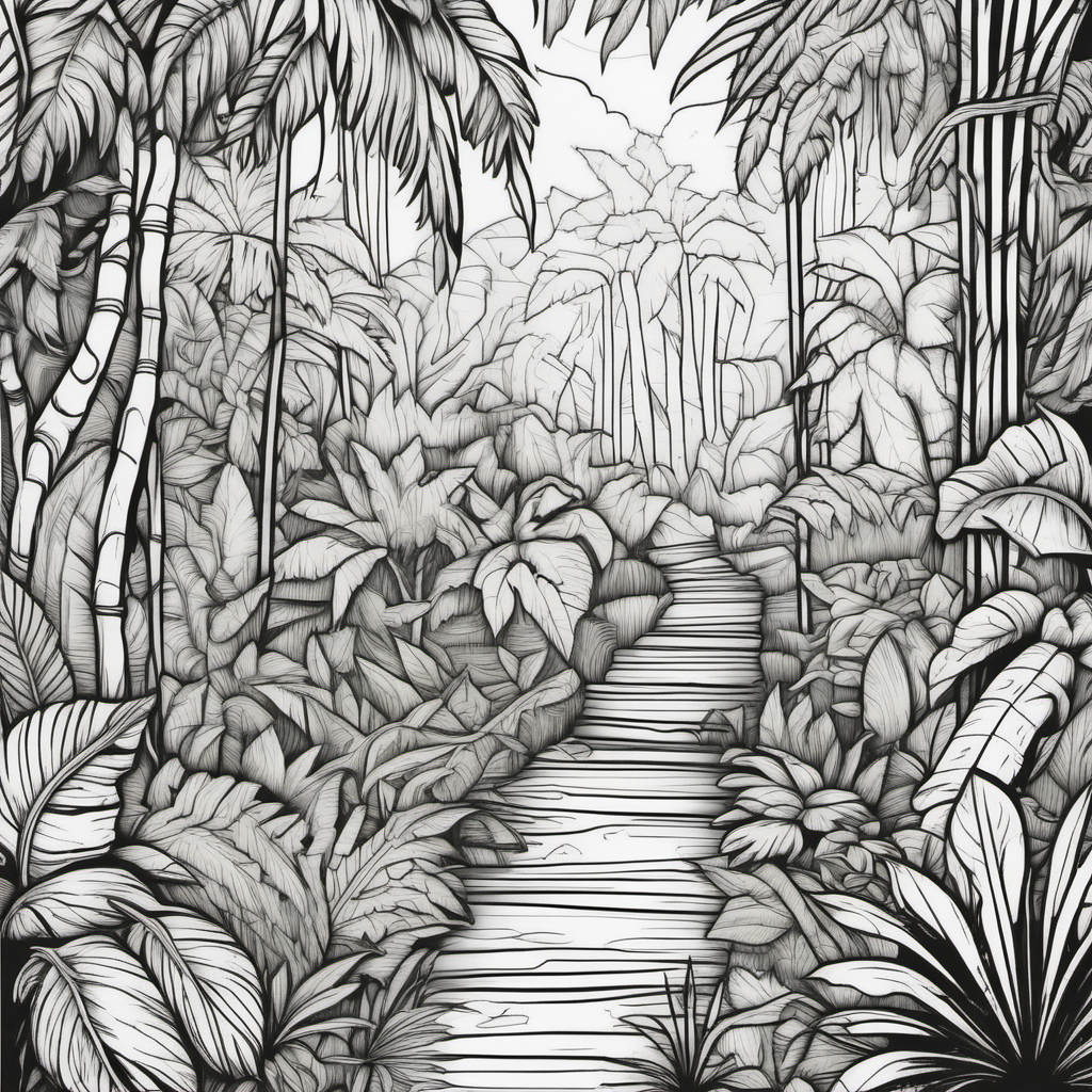 scary jungle background, dark lines, no shading, coloring book pages