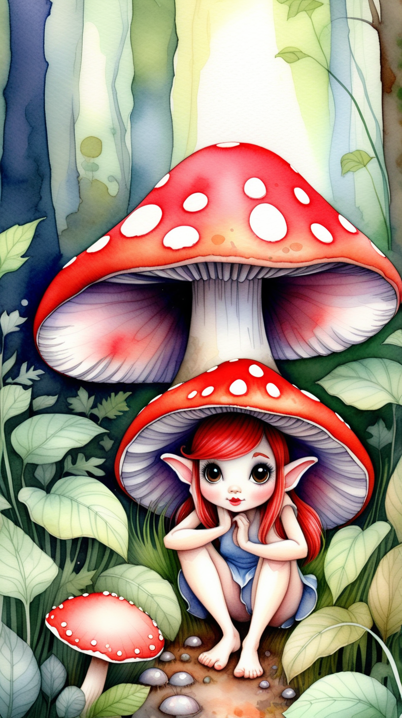 A cute watercolor picture of a fairy sheltering