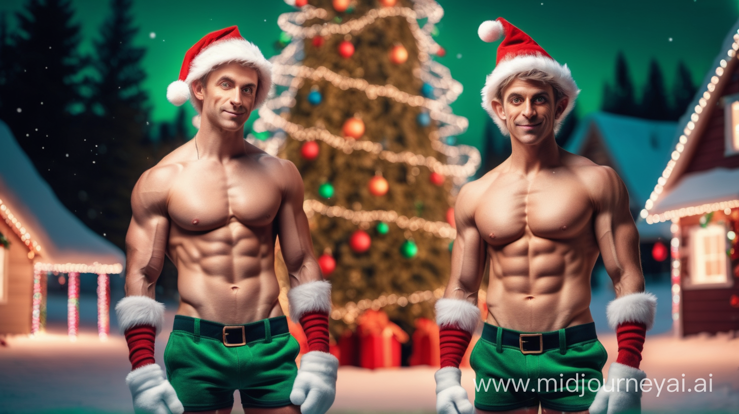 Photo of shirtless muscular male elves in front of a big christmas tree with lights. 2 people. Mittens in hand. Green shorts. Outside in a snowy north pole with santa's workshop. Soft light coming on the right side. Medium wide shot