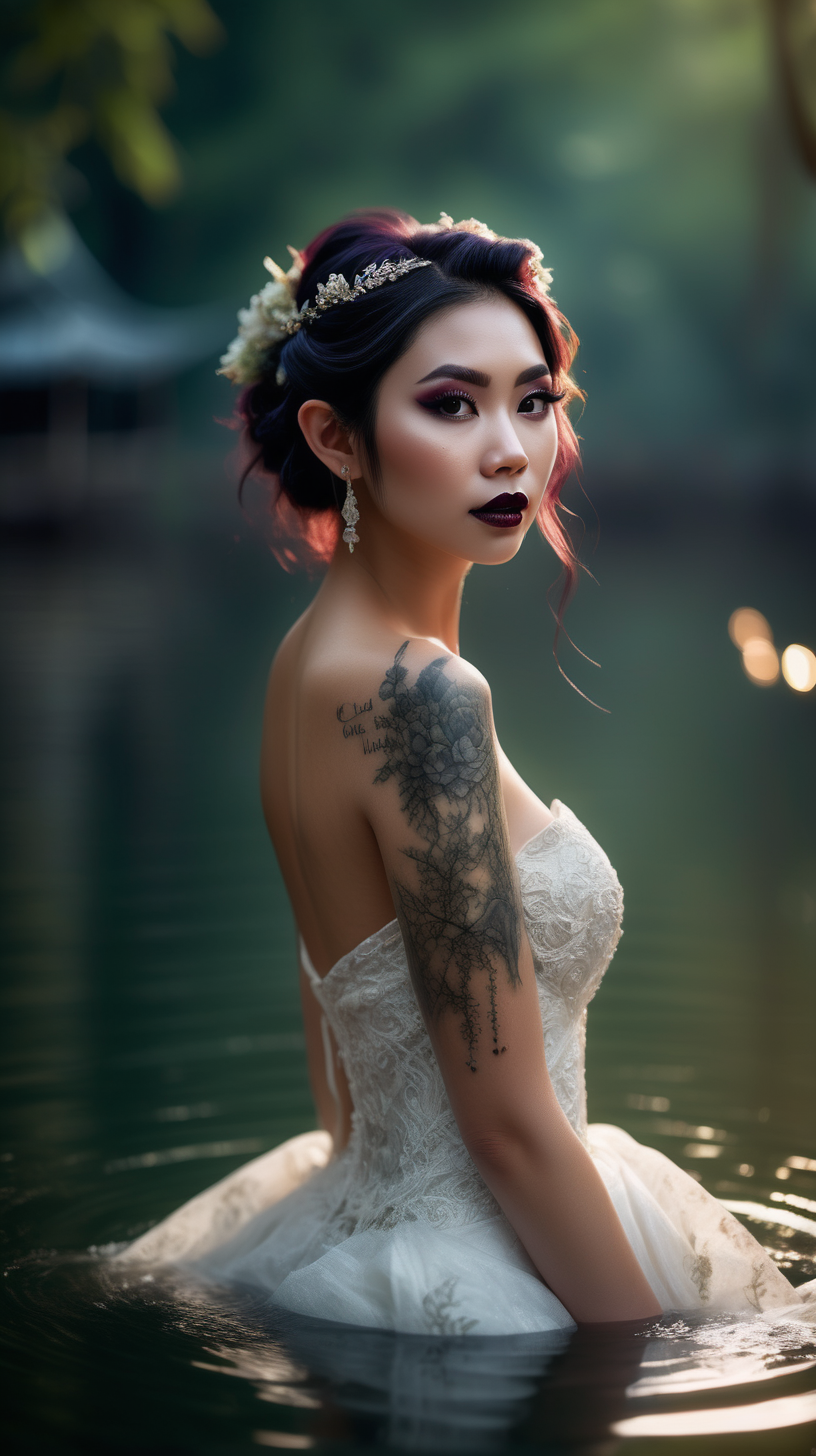 Beautiful Vietnamese elf woman, body tattoos, dark eye shadow, dark lipstick, hair in a messy updo, wearing a gorgeous wedding dress, bokeh background, soft light on face, swiming waist deep in a lake in front of elaborate candlelit forest wedding, photorealistic, very high detail,  extra wide photo