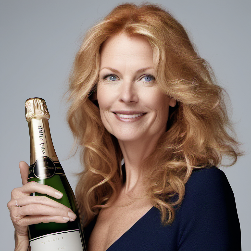 white woman, 52 years old, red-blonde hair, wavy long hair, side parting, small nose, blue eyes, wide jaw, holding a bottle of champagne