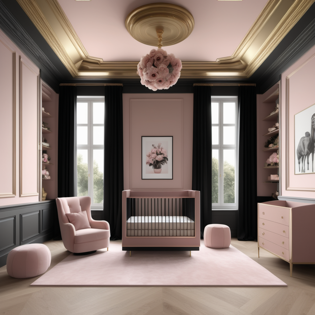 a hyperrealistic image of a Grand elegant Modern Parisian  Nursery in a beige oak brass dusty rose and black colour palette with floor to ceiling windows, coffered ceiling and floral accents
