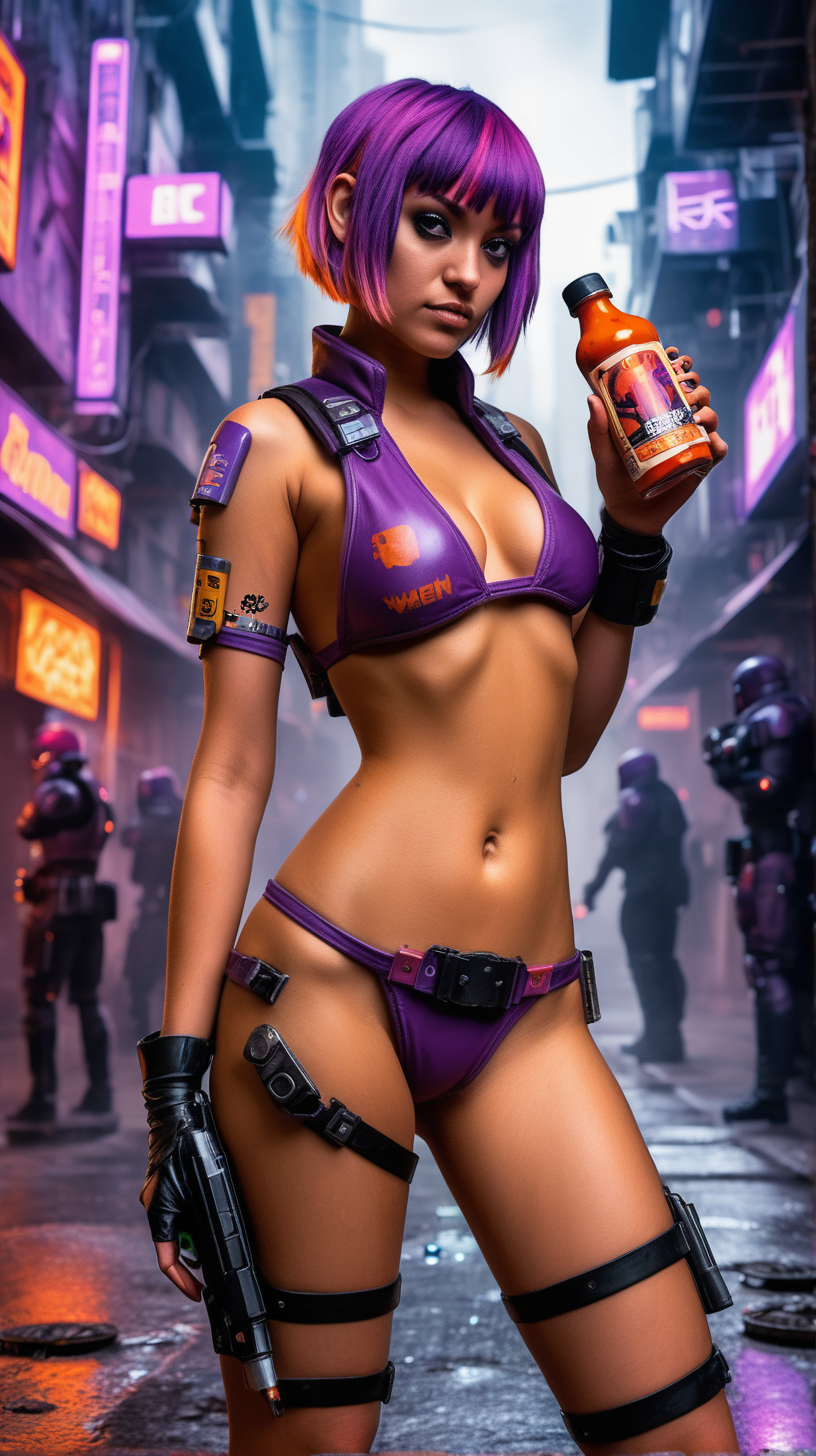 sabine wren bikini model holding hot sauce on cyberpunk street