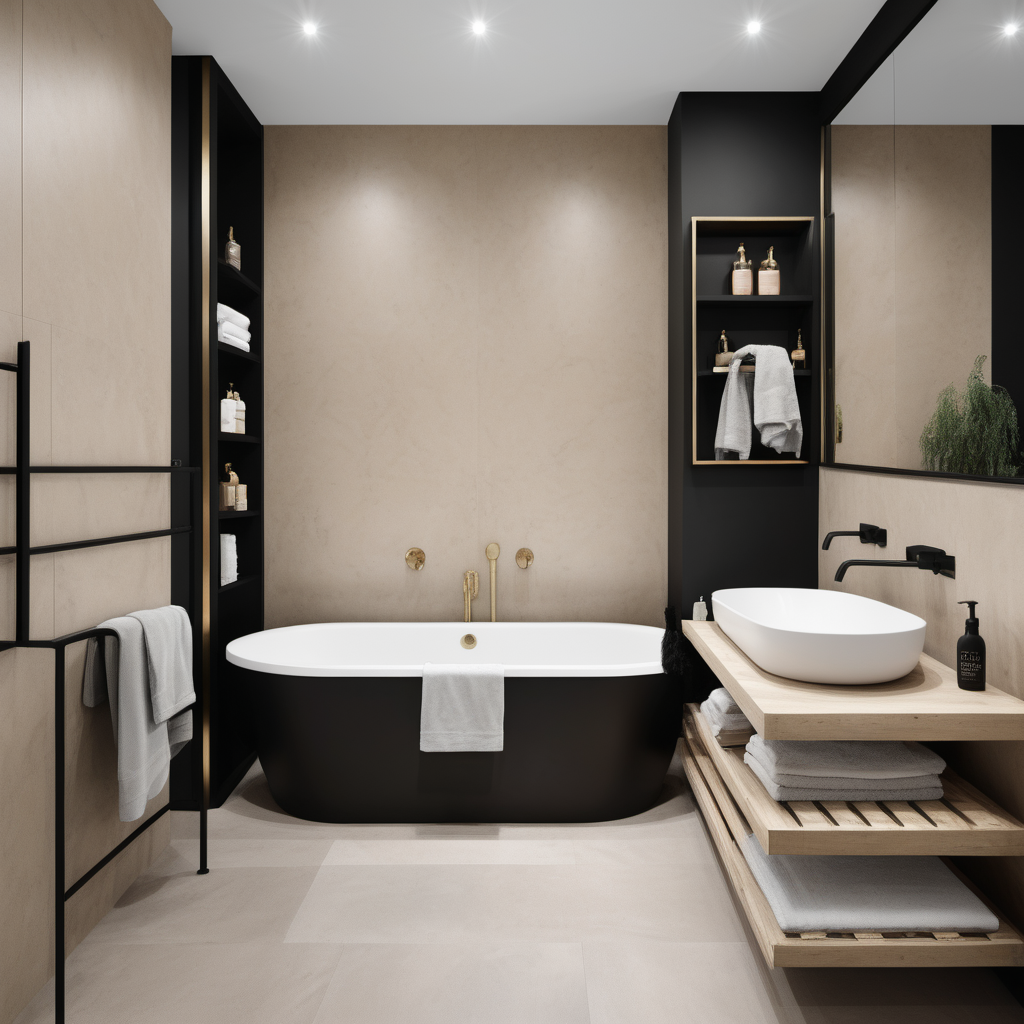 a hyperrealistic of a sunken bathtub in a modern Parisian bathroom in a beige oak brass and black colour palette
