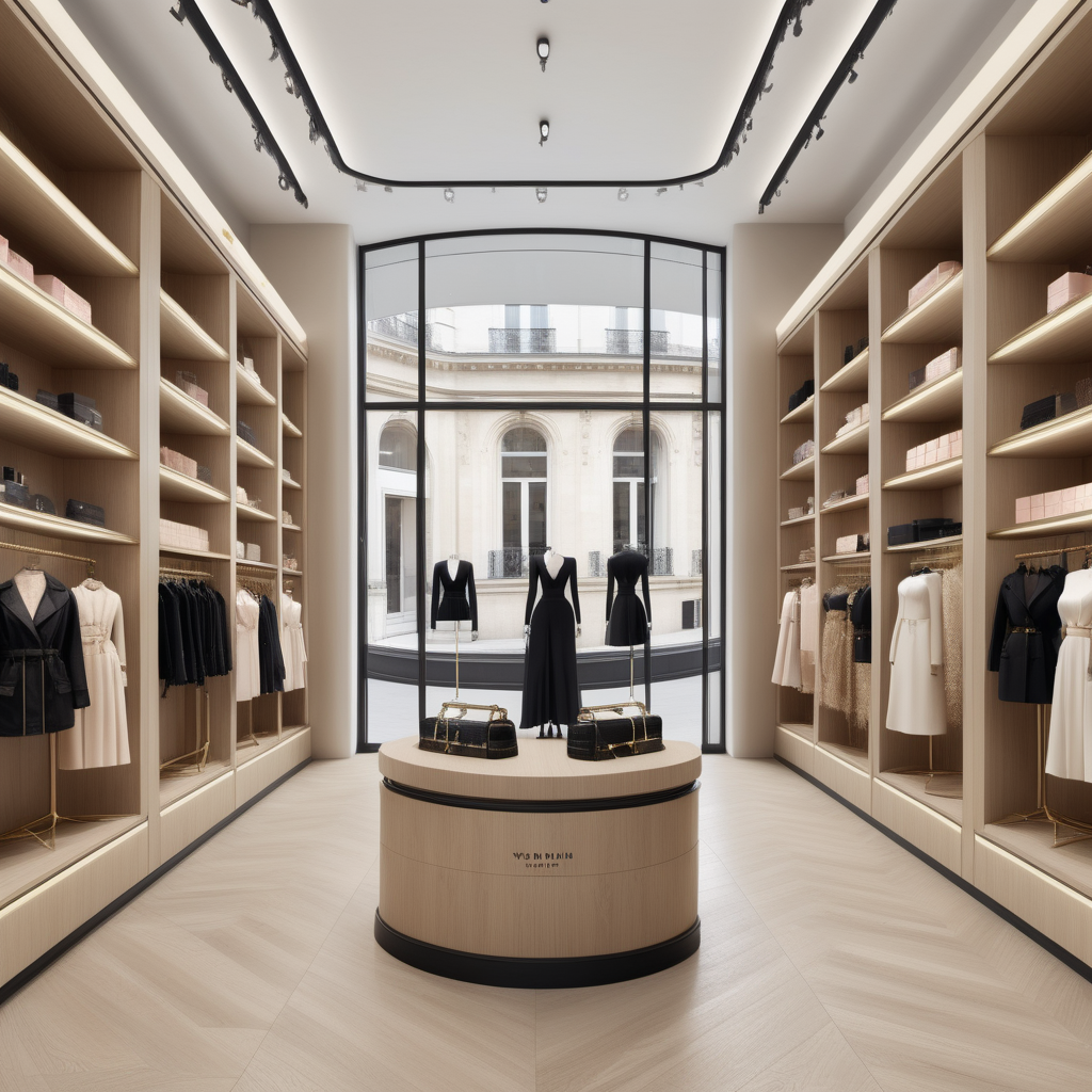 A hyperrealistic image a grand,open, elegant and feminine Modern Parisian womens concept store interior  in a beige oak brass and black colour palette with floor to ceiling windows and, shelves and displays stocked with beautiful elegant clothing and accessories and beauty supplies with curved features