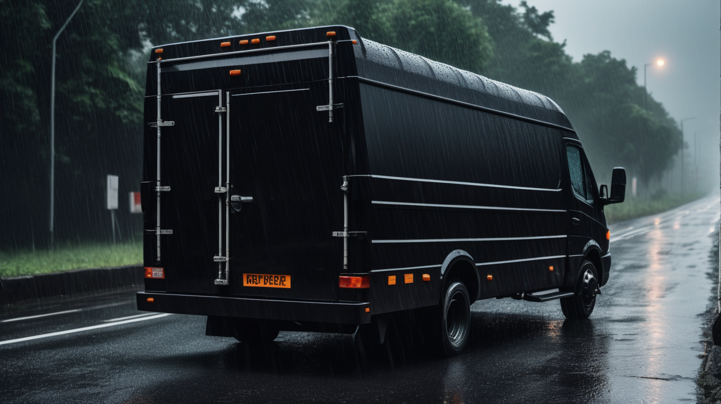 black prision trasport van on rainy road
