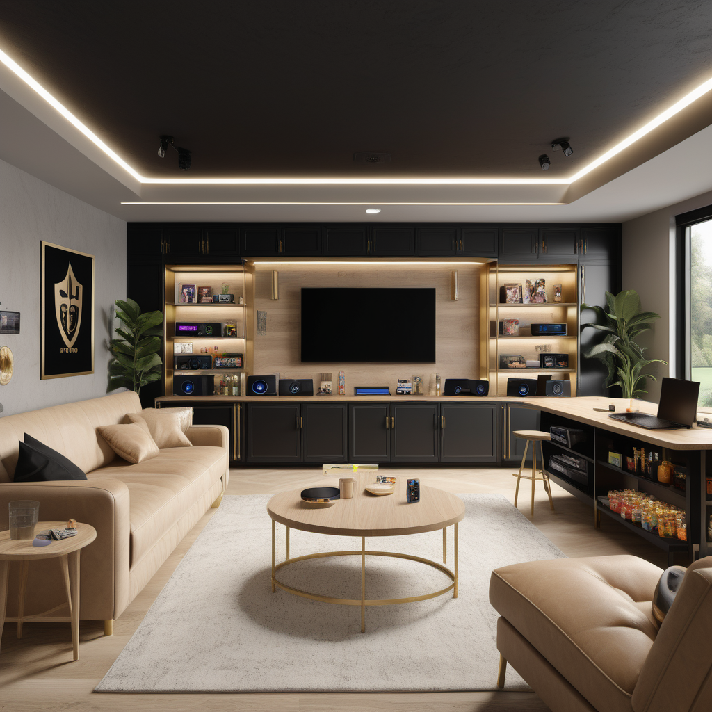 A hyperrealistic image of teenagers gaming room with a gaming computer setup, a large tv, gaming consoles and controllers, a large comfy sofa, a kitchenette with bar fridge, in a beige oak brass and black colour palette