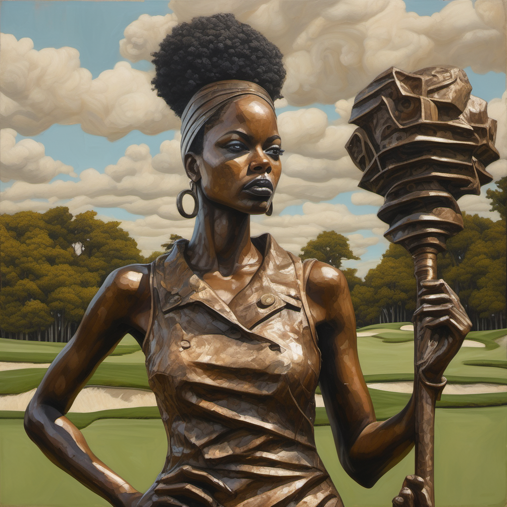 A statue on a golf course, in the style of David Popper inspired image of a Earthy melanin women playing golf , architecture, afrofuturism-inspired, tim okamura, made of bronze, exaggerated facial features, exaggerated Taylormade Stealth Irons golf club theodore rousseau, interlocking structures