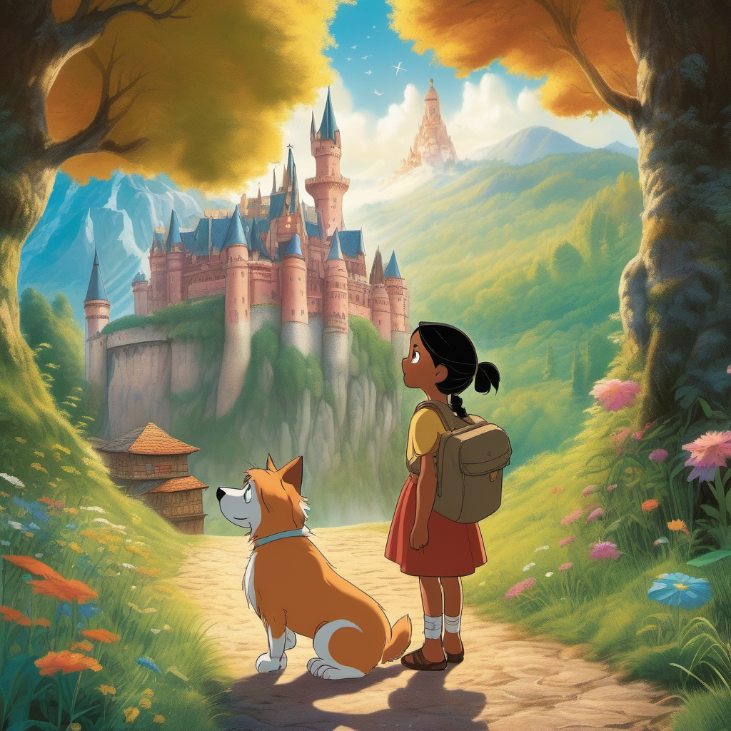 A delightful little Indian girl fascinated by languages is embarking on a journey In the magical fairy tale land of Sprachland to learn German, accompanied by her loyal companion, a fluffy dog named Elsa, Hayao Miyazak