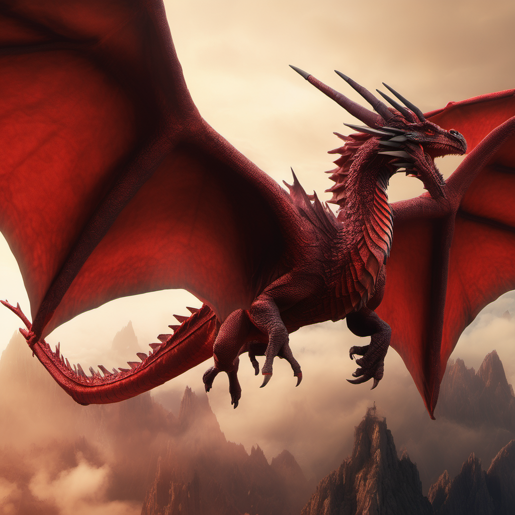 red dragon with huge wings flying over a volcano