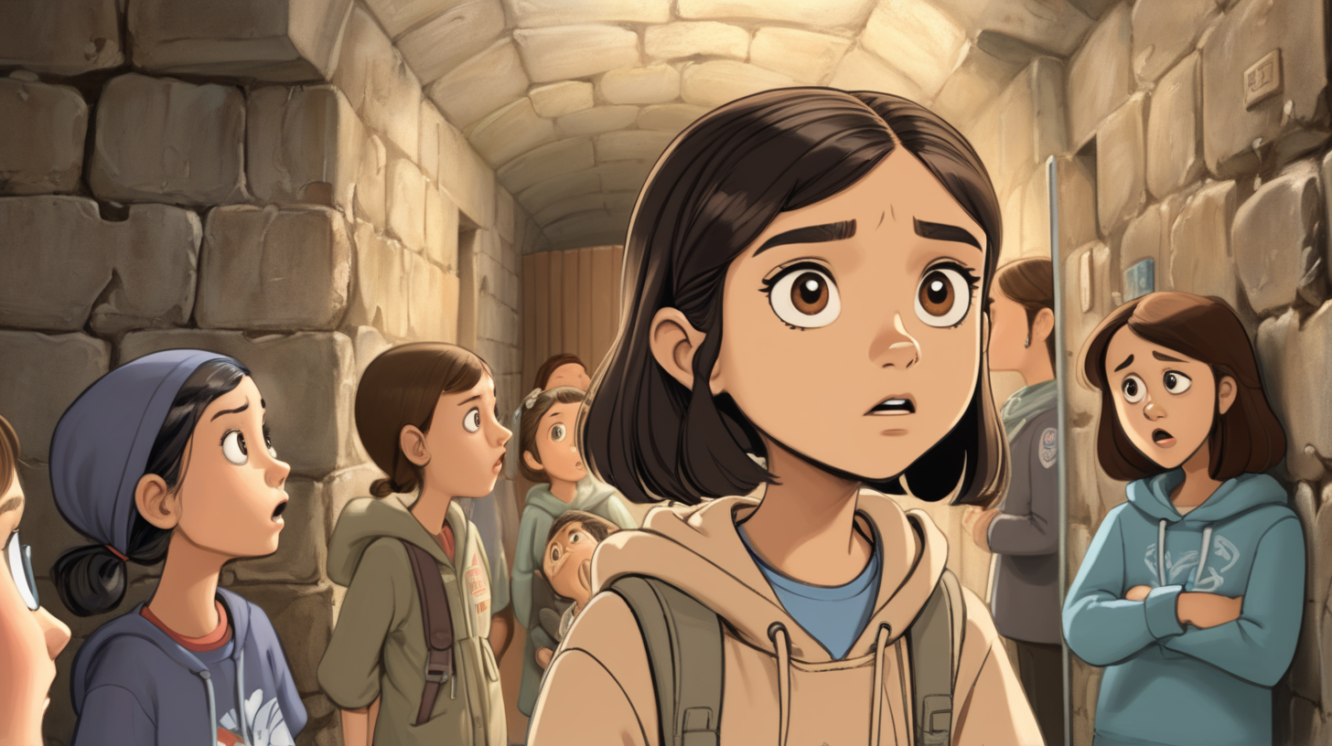 a young cartoon girl looking confused in a shelter with old walls. she is looking at other people helping each other.