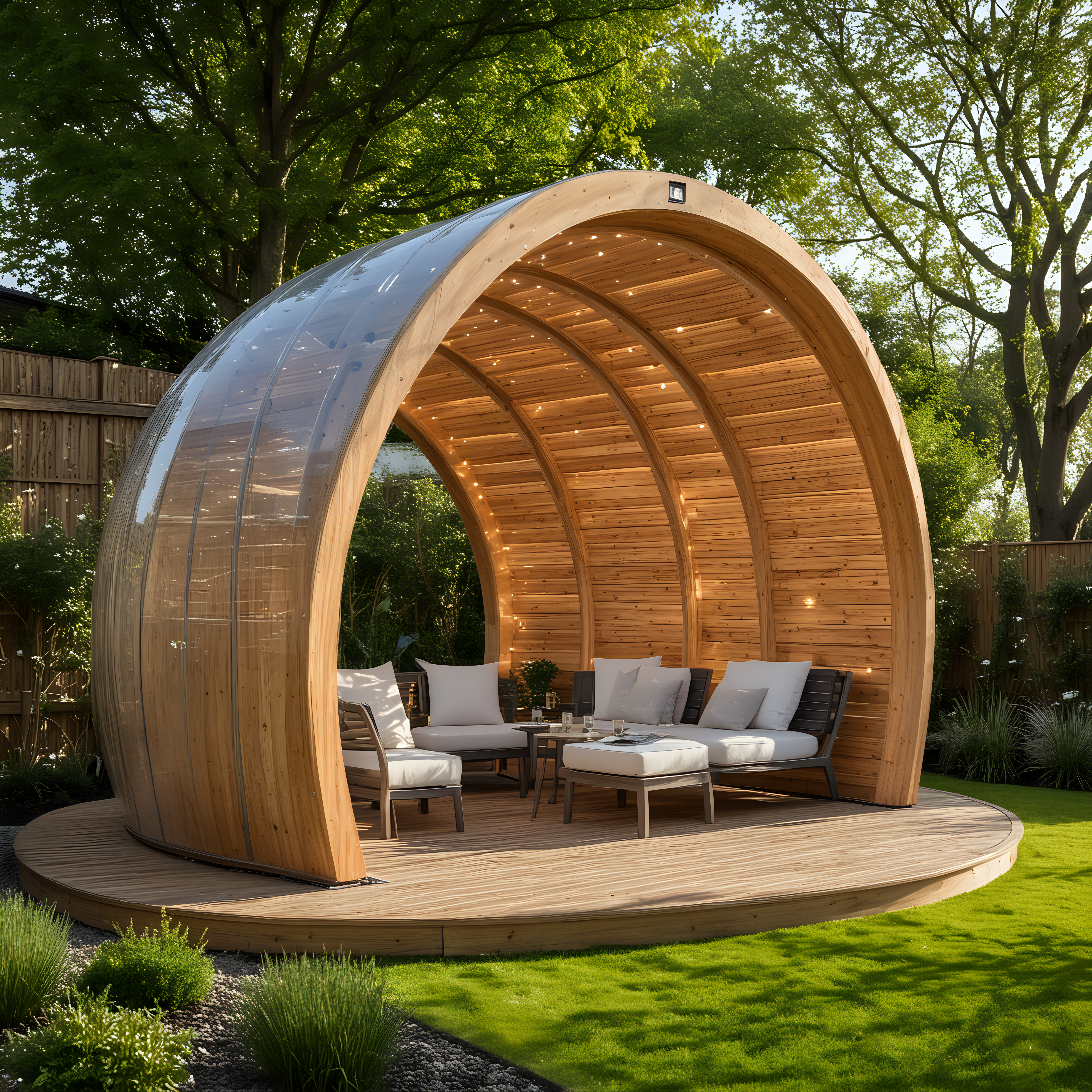 Relaxation Pod with Glulam Arches and Ambient Lighting in a Serene Garden