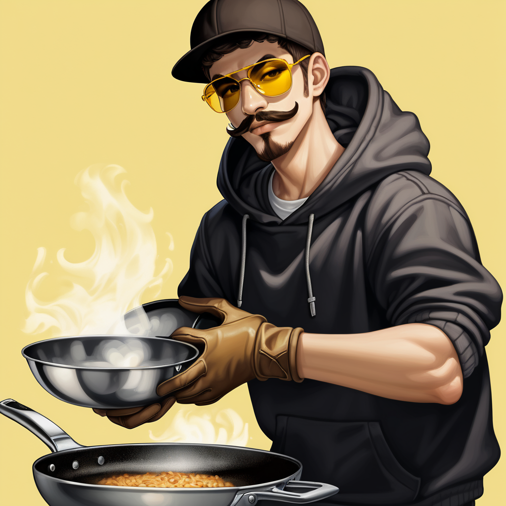 Young guy with smooth skin, yellow sunglasses, black cap, gloves, Hoodie, frying pan weapon, mustach goatee brown