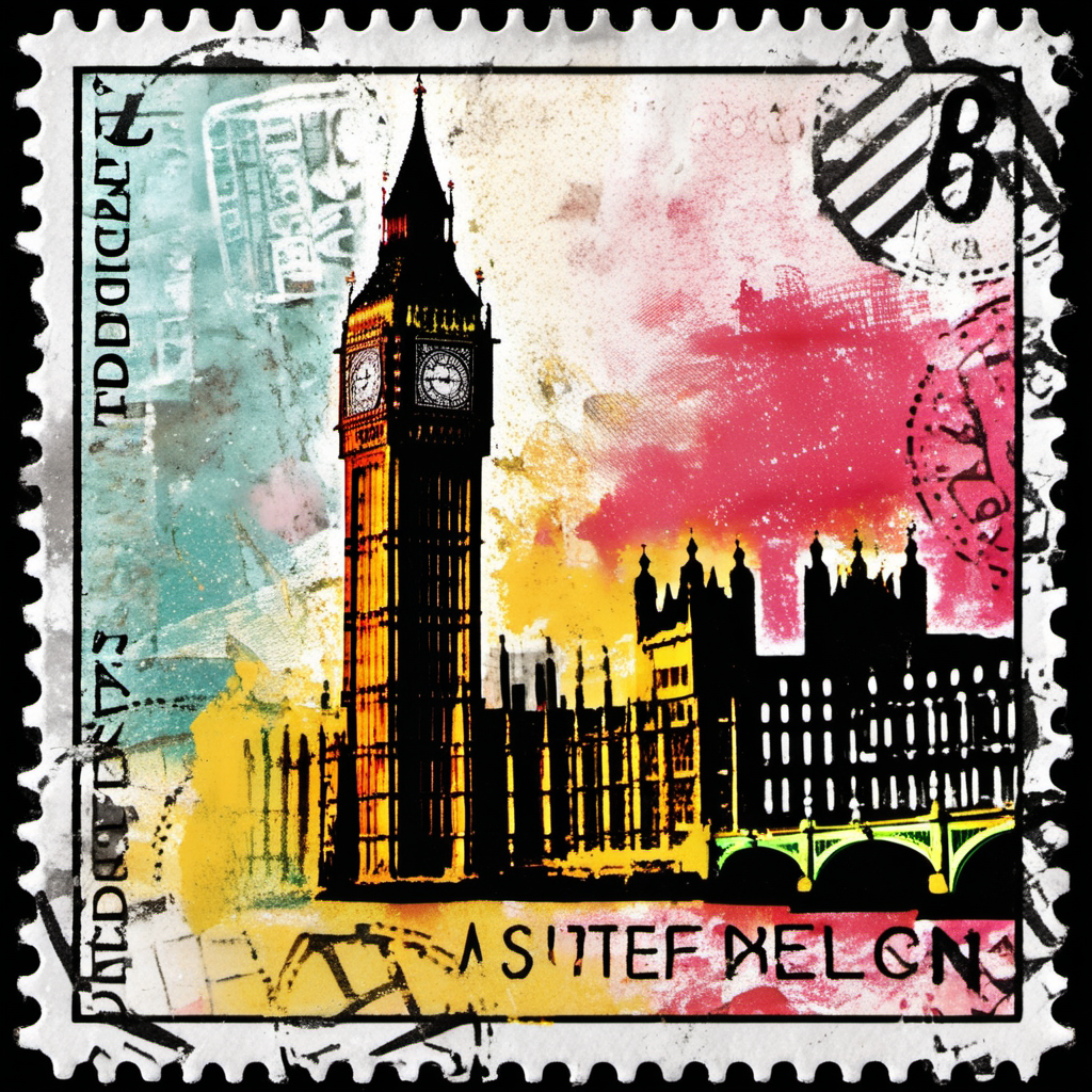 stamp with the big ben, london, abstract, colourful, disstressed edges