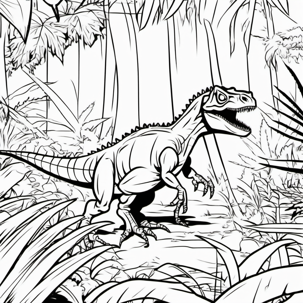 A dinosaur spider, in a jungle, coloring book pages
