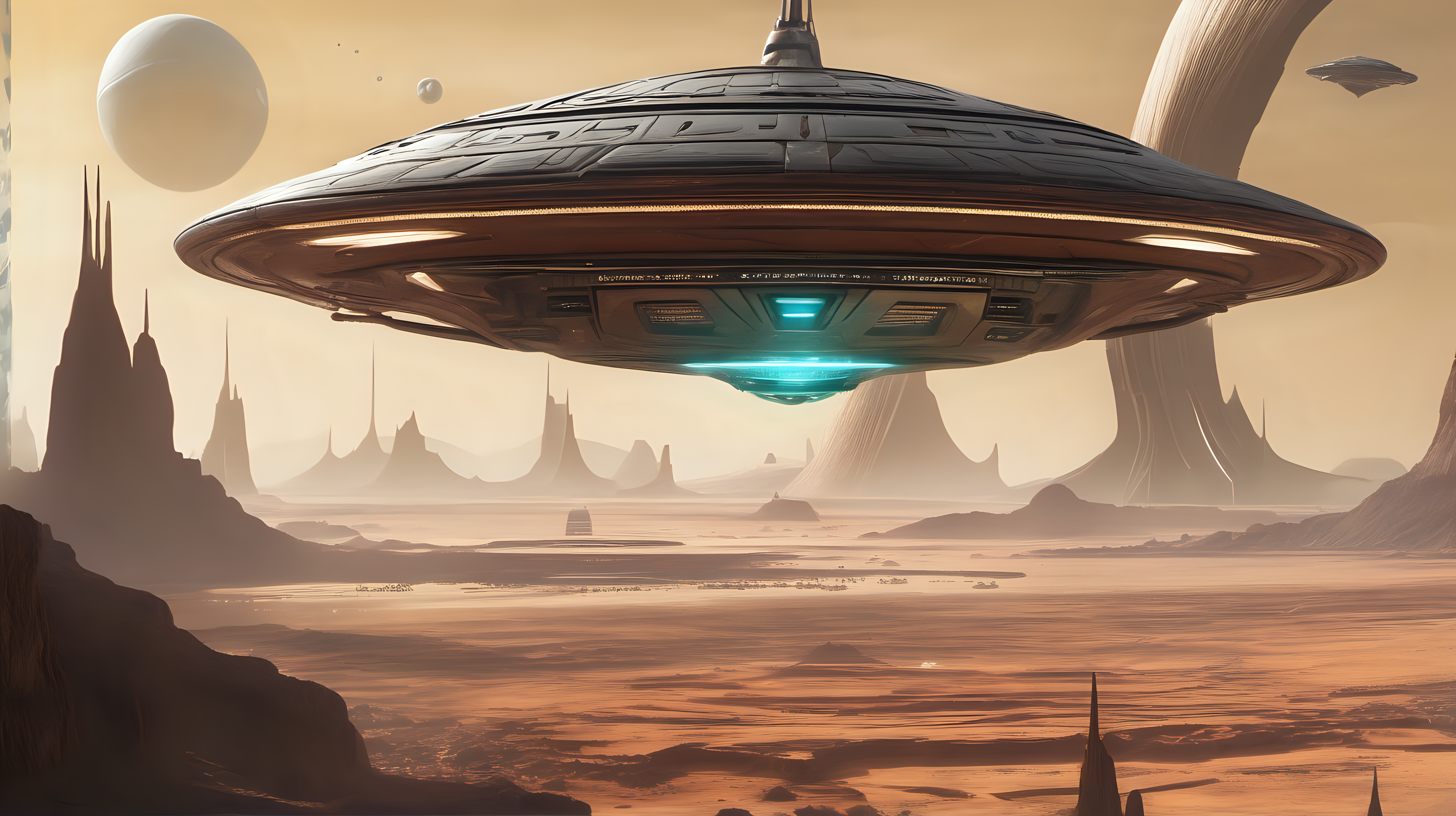 An alien spacecraft hovering in the foreground on an alien planet, a vast alien city in the background.