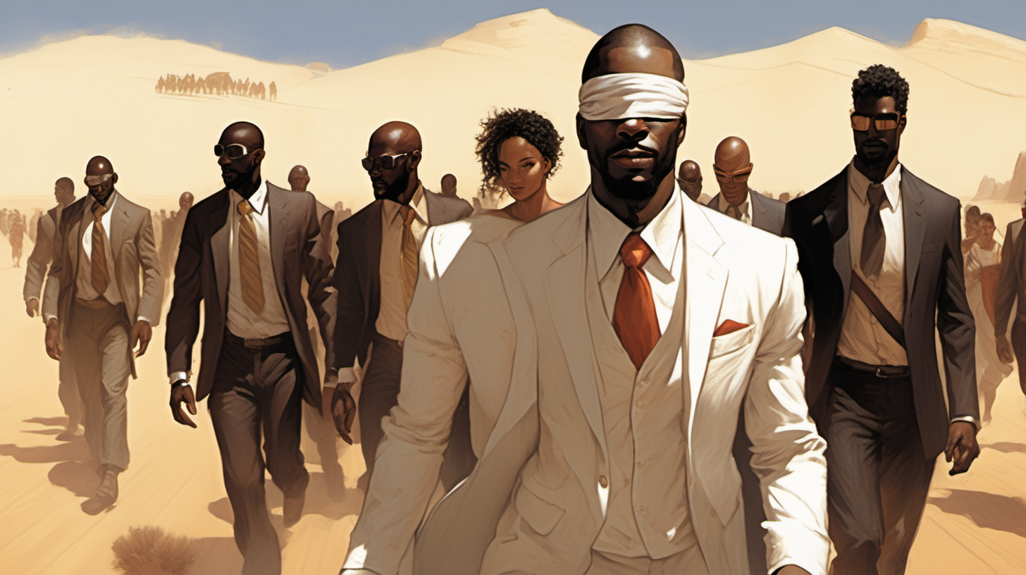 three black men, blindfolded, with a smile leading a group of gorgeous and ethereal white,spanish, & black mixed men & women with earthy skin, walking in a desert with his colleagues, in full American suit, followed by a group of people in the art style of Marc Simonetti comic book drawing, illustration, rule of thirds