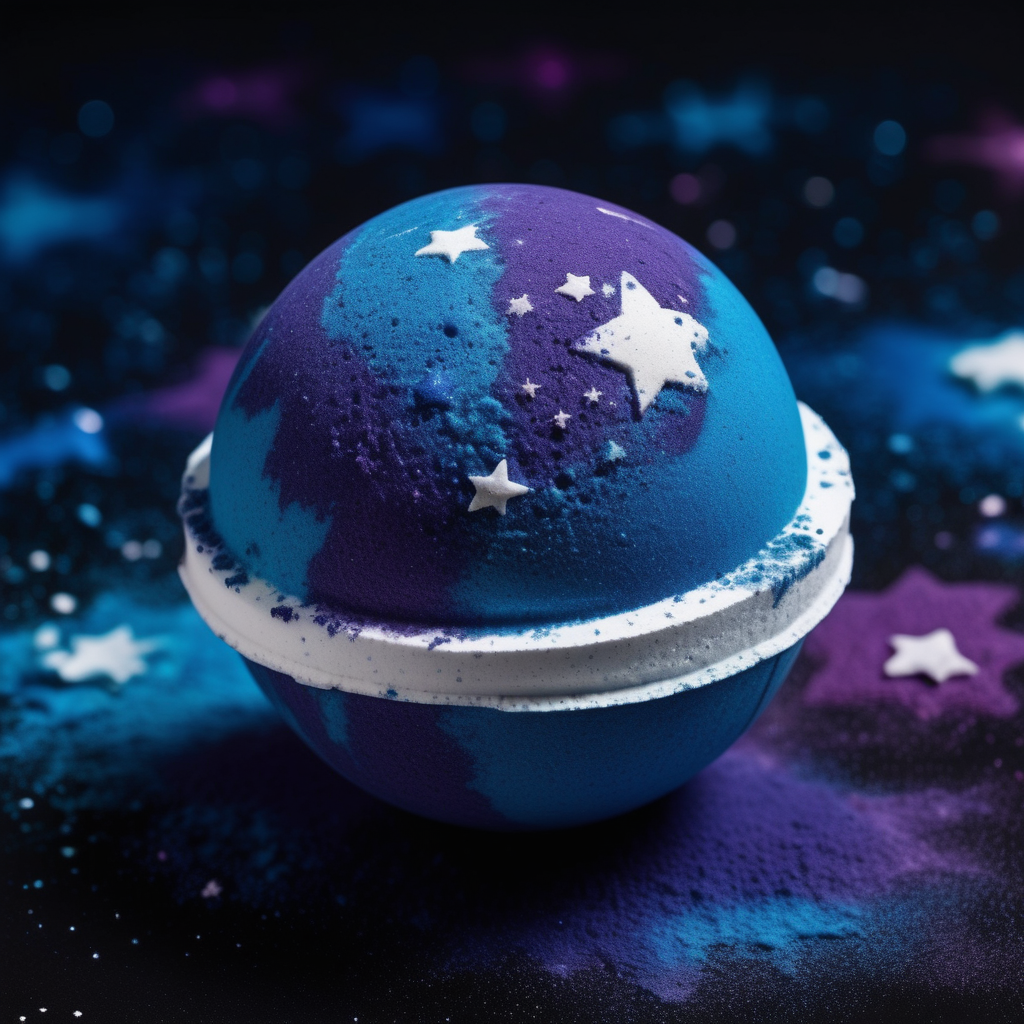 Imagine a bath bomb that mirrors the cosmic dance of stars and galaxies, releasing hues of indigo, sapphire, and silver into the bathwater.