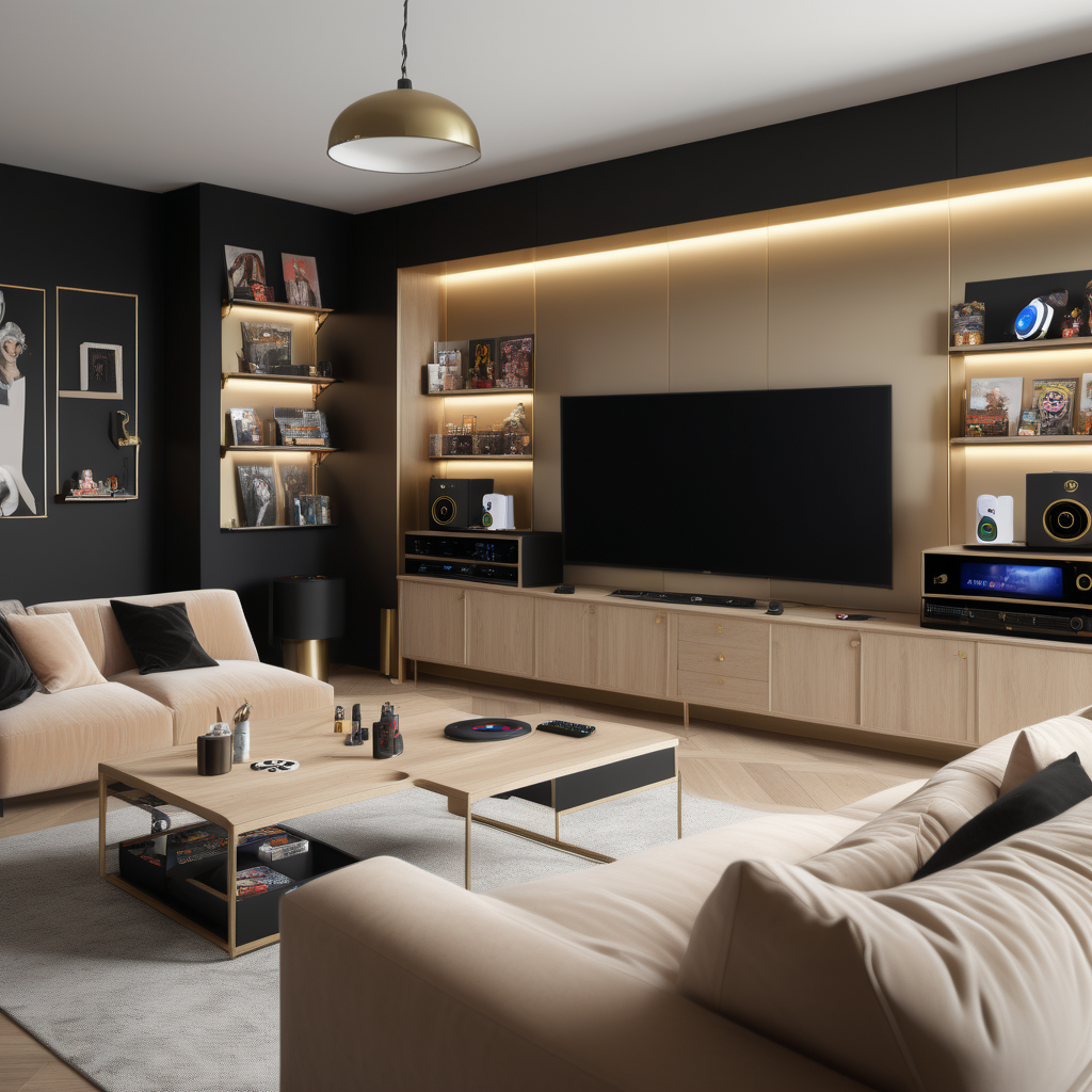 A hyperrealistic image of modern parisian teenagers gaming room with a gaming computer setup, a large tv, gaming consoles and controllers, a large comfy sofa, a kitchenette with bar fridge, in a beige oak brass and black colour palette