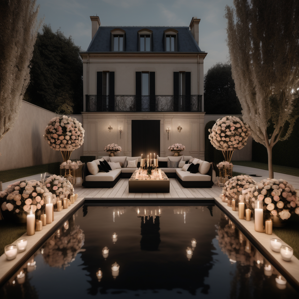 a hyperrealistic of a grand Modern Parisian backyard