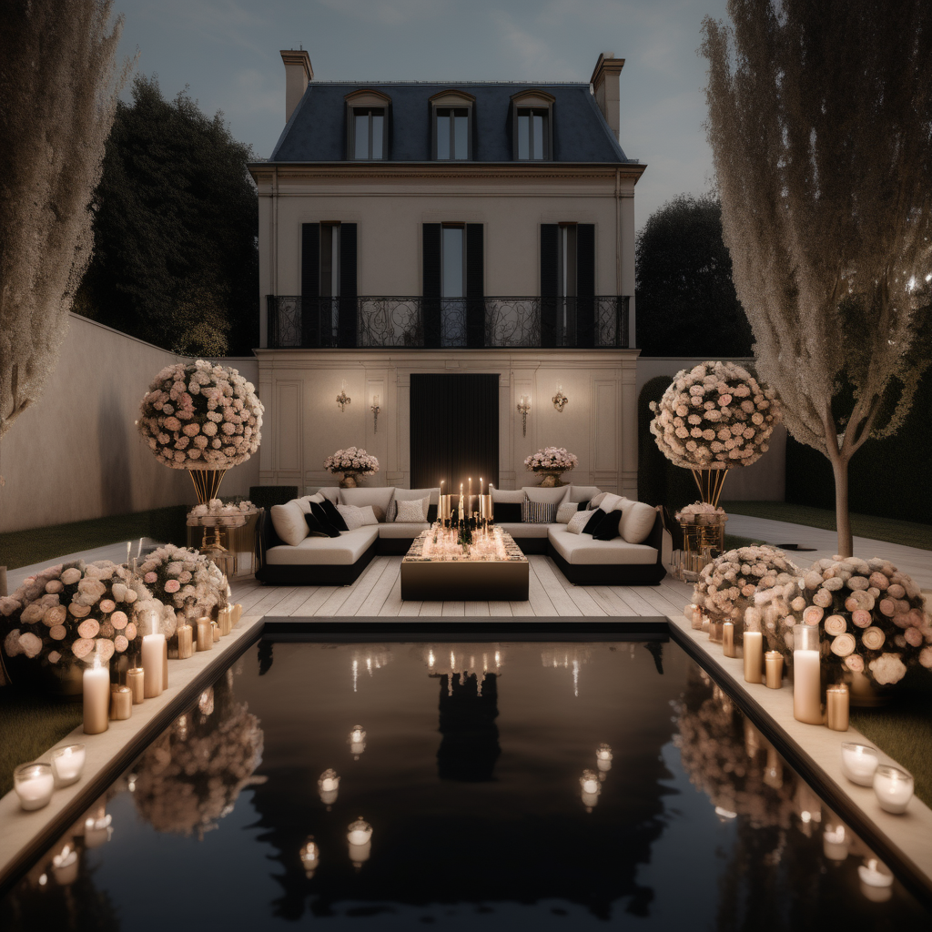 a hyperrealistic of a grand Modern Parisian backyard set up for an elegant pool party in a beige oak brass and black colour palette with  flowers and candles and mood lighting
