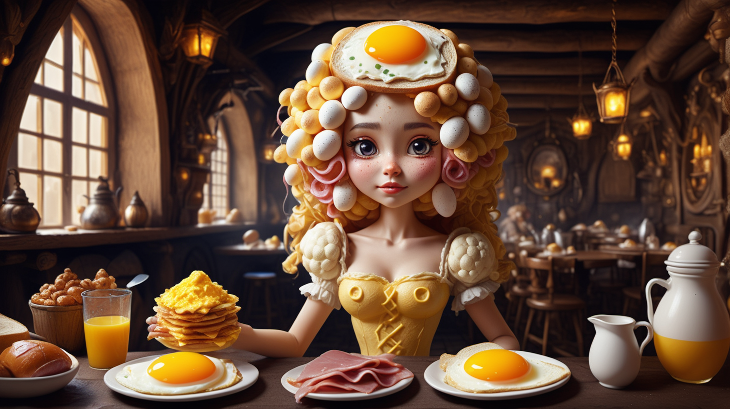 dark fantasy style cute beautiful Princess made of breakfast food in a fantasy style tavern having breakfast. Her body is made of egg yolk and her hair is egg whites. Her clothes are made of ham and buttered toast.