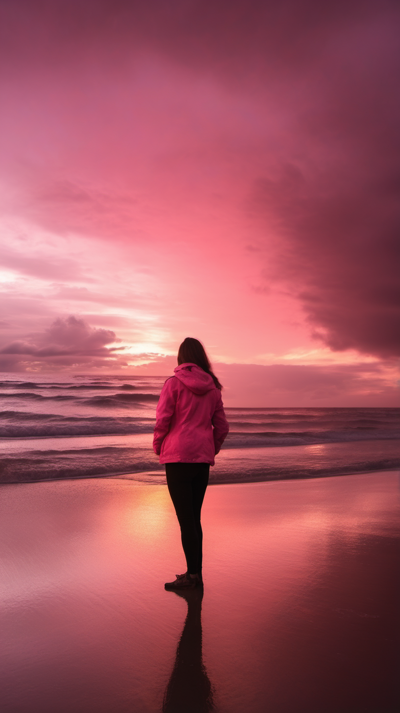 Silhouette Woman, Wearing a Pink Jacket, Standing on the Beach, Looking at the Sunset, Happy Reaction, Red to Golden Clouds. very beautiful. Wide Angle shot