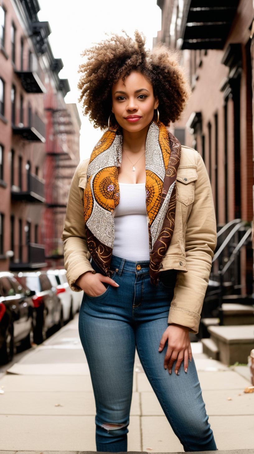 A beautiful, light skinned woman, wearing curly hair, Facing the camera, wearing an African printed scarf, wearing a Beige, Levi denim jacket reimagined into a waist length, down filled jacket, with brown fur shawl collar, African printed fabric inserted in various places, show Front, Back, and Side views, standing on the stoop of a Brownstone in Harlem NY in the background