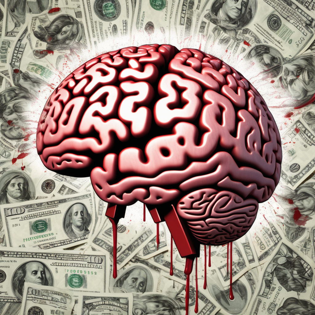 album cover art animated of a brain with  blood stains on the hundred dollar bills surrounding the brain --ar 9:11
