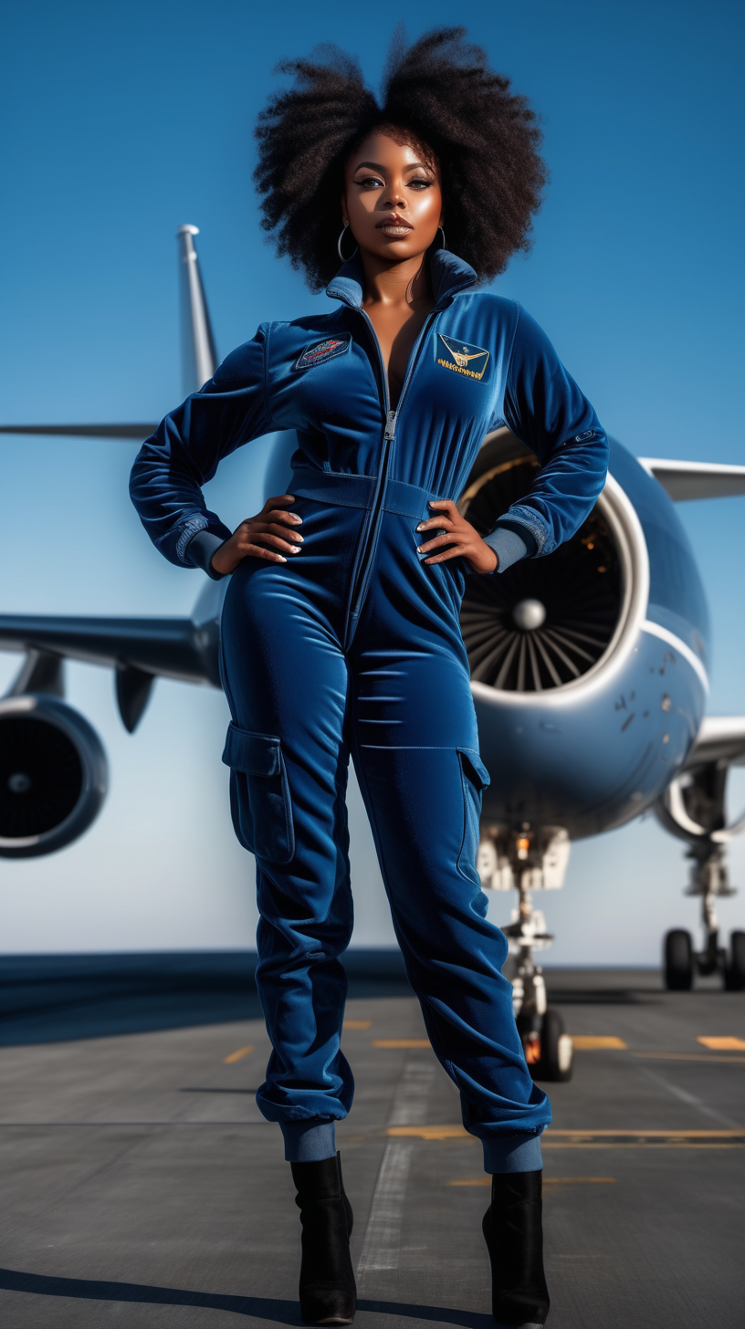 Beautiful Black woman, beautiful body, wearing a velvet, full body, Blue, flight suit, standing on an air carrier, 4k, high definition, high resolution