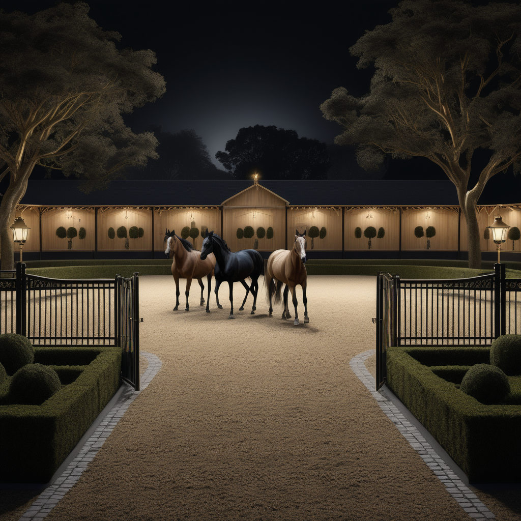 a hyperrealistic of a horse trotting arena with 3 horses at night with mood lighting, fully fenced with black wrought iron, manicured gardens , in a beige oak brass and black colour palette 
