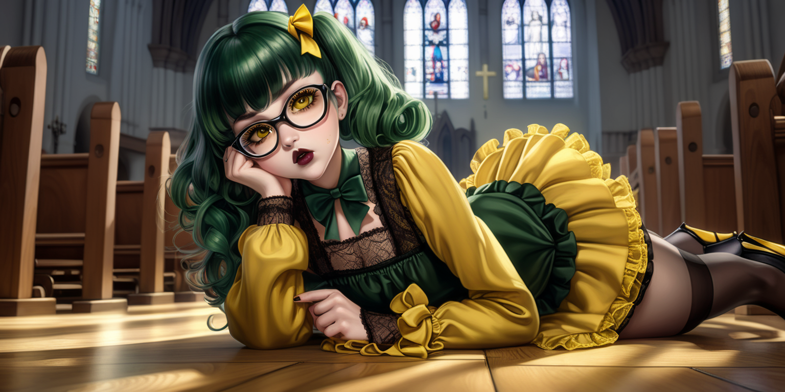Anime woman with dark green hair and large lips with glossy dark brown lipstick and heavy makeup wearing a frilly yellow dress, black stockings, yellow heeled mary jane shoes, lots of bows and lace, wearing glasses. Nervous expression. Laying down nervously in an empty church