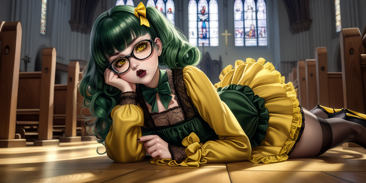 Anime woman with dark green hair and large