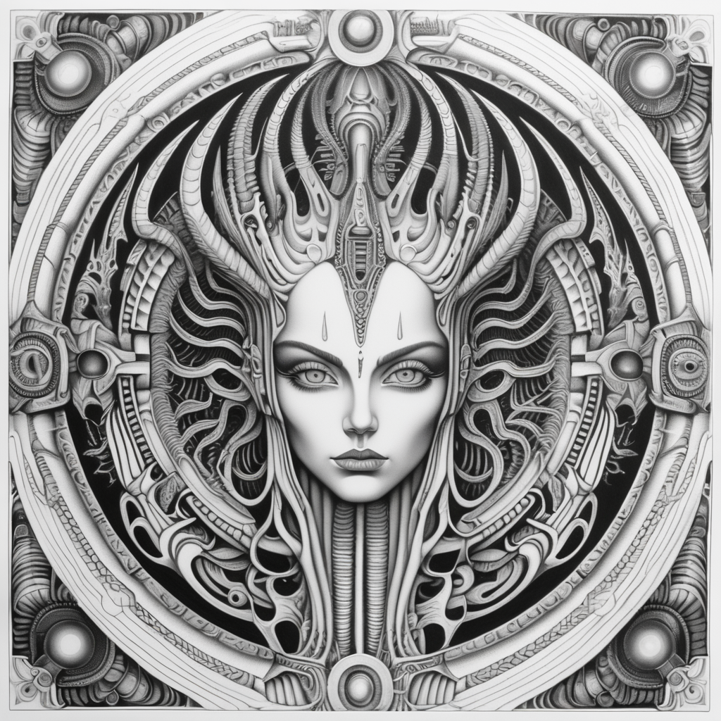 adult coloring book, black & white, clear lines, detailed, symmetrical mandala, queen in style of H.R Giger
