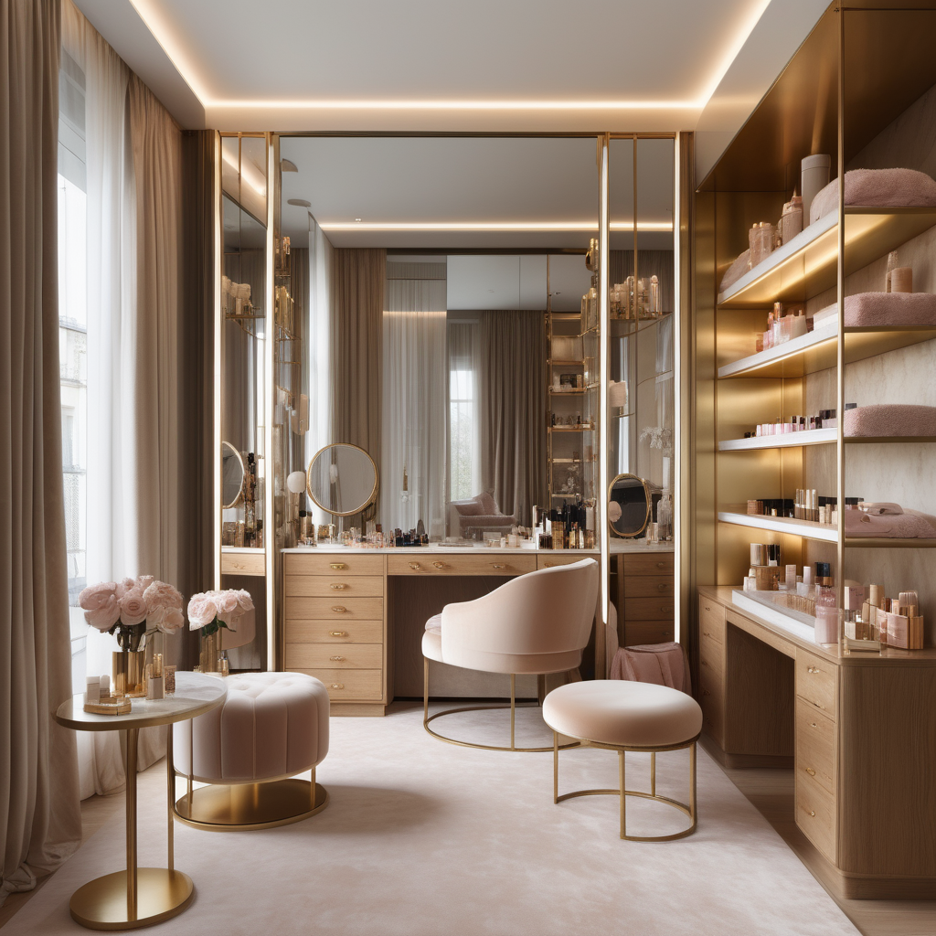 hyperrealistic image of modern Parisian home beauty room with vanity table with lights and velvet chair, brass shelving with beauty products, floor to ceiling windows, full length mirror, silk dressing gown hanging on the wall, a fabric room divider, beige oak brass colour palette