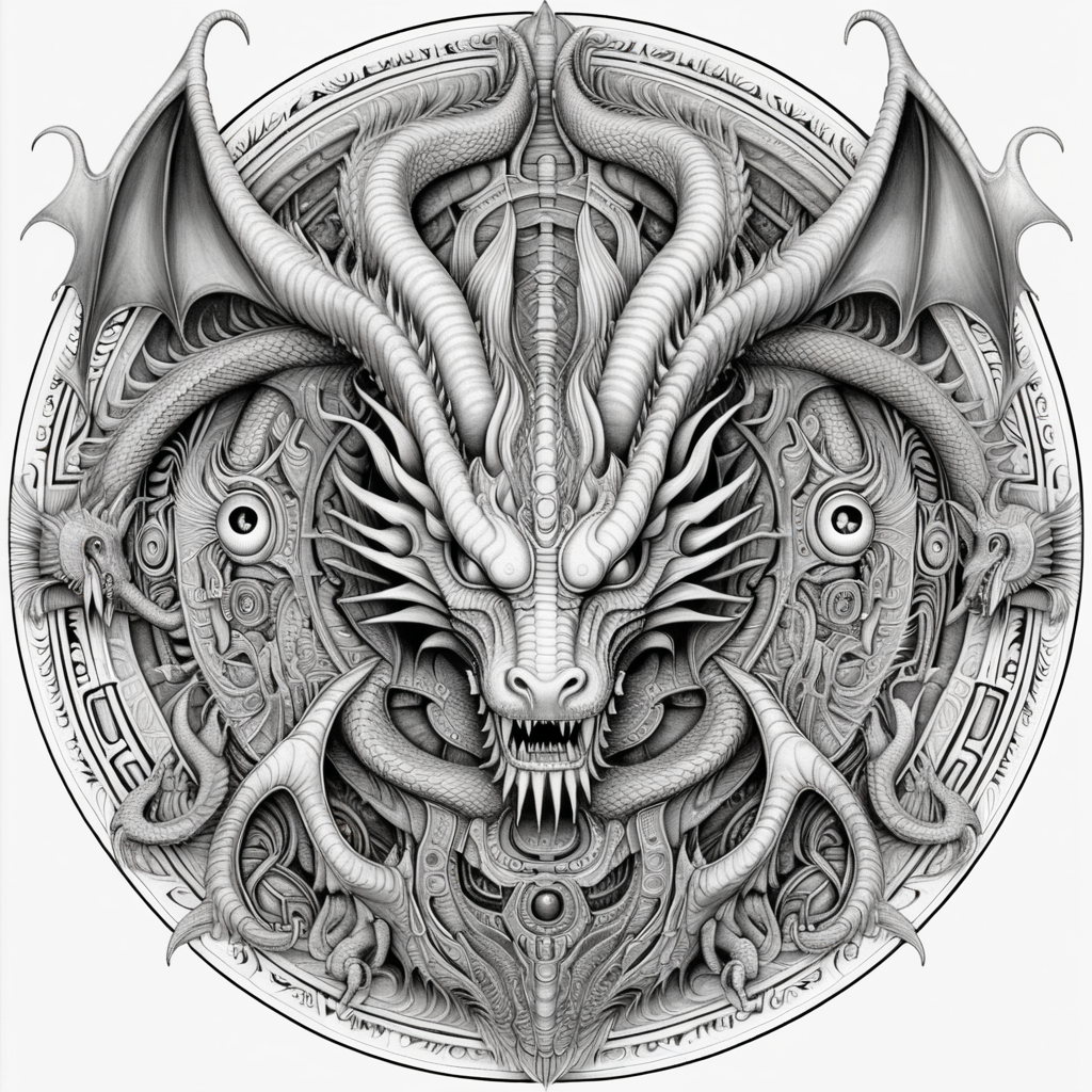 black & white, coloring page, high details, symmetrical mandala, strong lines, dragon with many eyes in style of H.R Giger