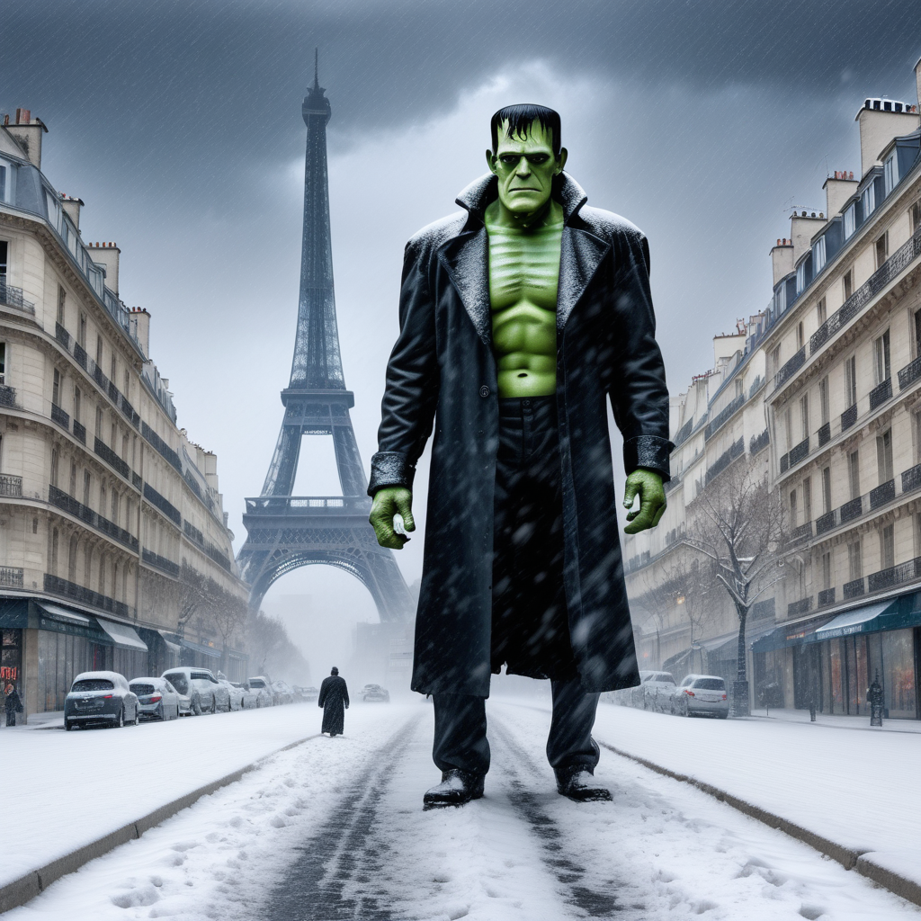 Frankenstein destroying Paris in winter snow storm