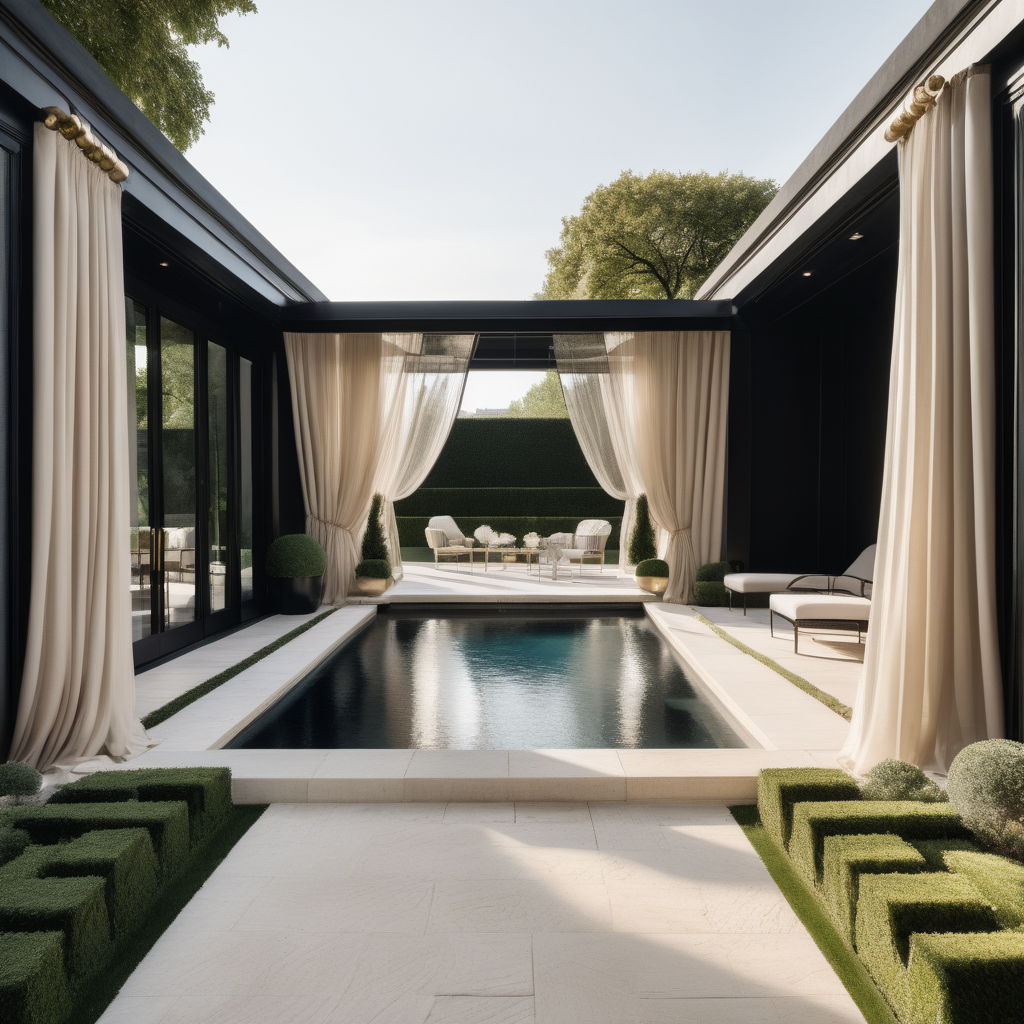 hyperrealistic modern Parisian Cabana with sheer curtains; Limestone pavers;  overlooking the sparklin pool; beige, oak, brass and black colour palette; sprawling lawns

