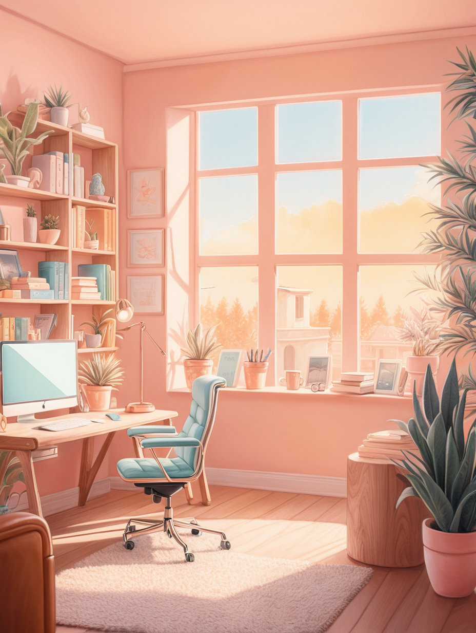home office background, pastel, handdrawn, cinematic, sunny, warm lighting, lofi