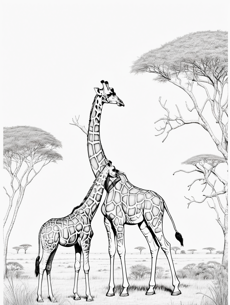 giraffe and baby in the savanna, coloring page, low details, no colors, no shadows