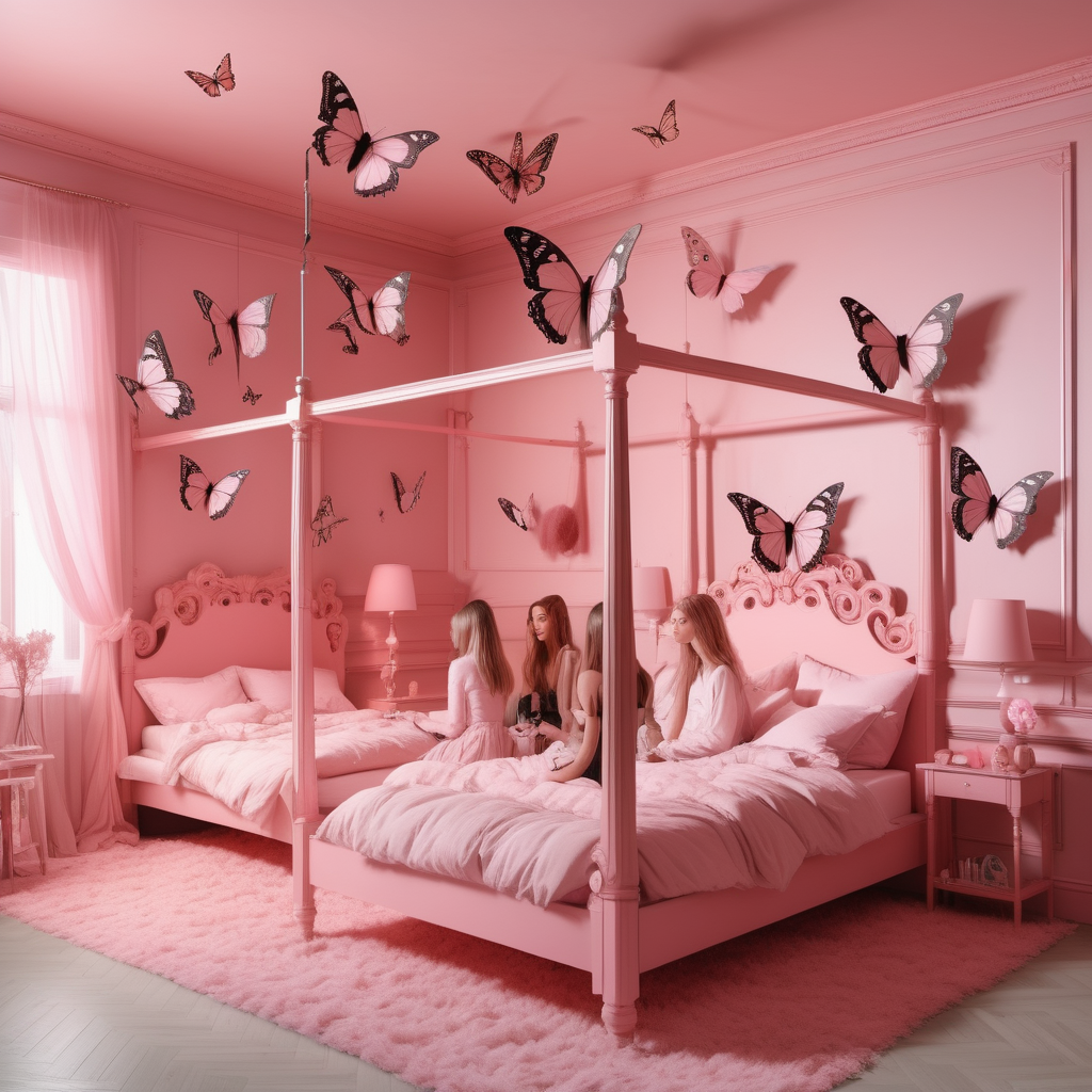 A surreal space full of butterflies in a bedroom. one four-post bed with pink tools. Four girls are sitting on the bed. We can see their backs. The room is baby pink. Show the girls. Only offer one bed.