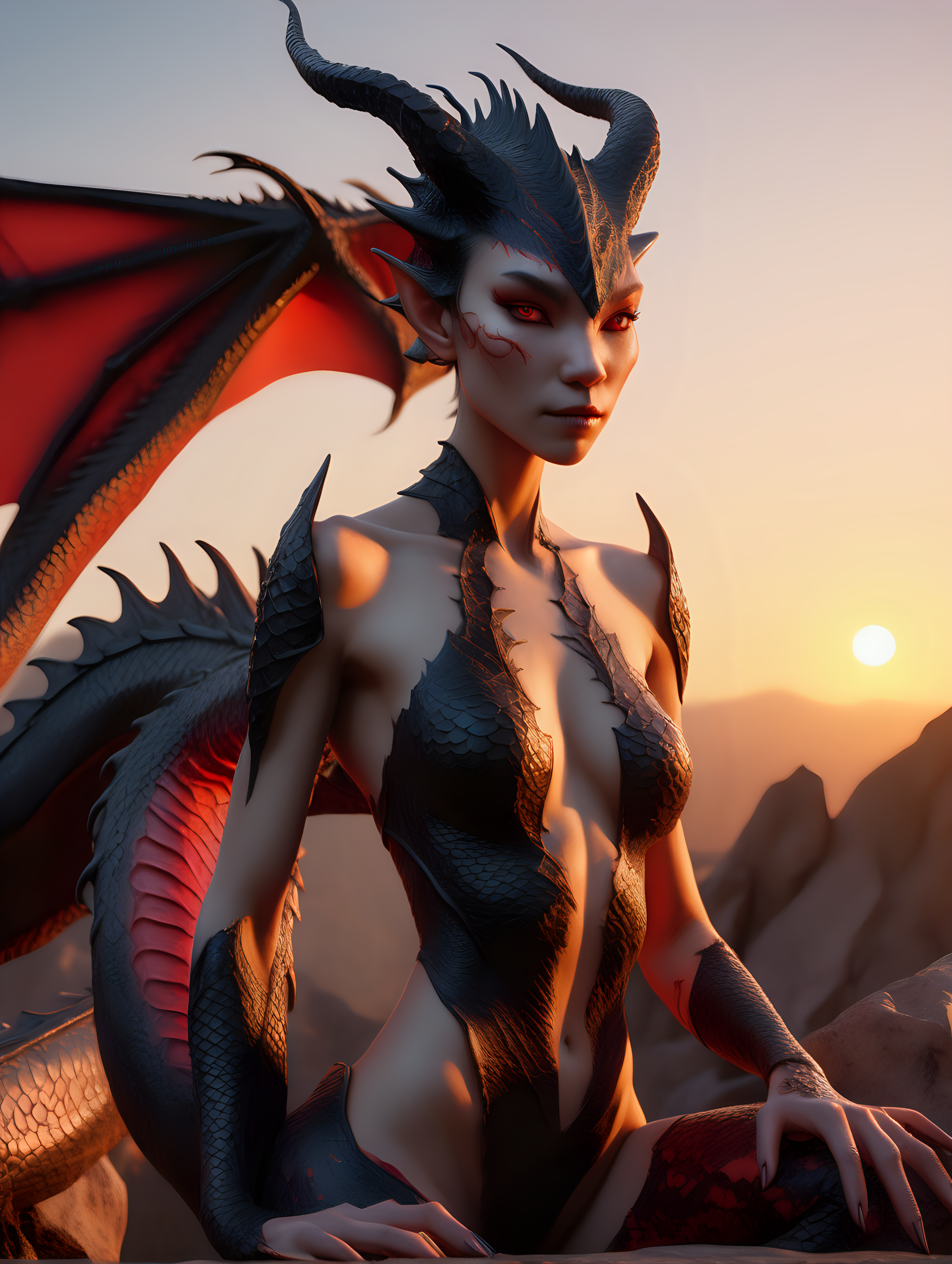 ultra-realistic high resolution and highly detailed photo of a slender female human dragon, with sleek pointy black horns gently swept straight backwards over head, with red scales growing on her skin, she has draconic symbols carved into her arms and body, in the sunset laying an egg, facing the camera