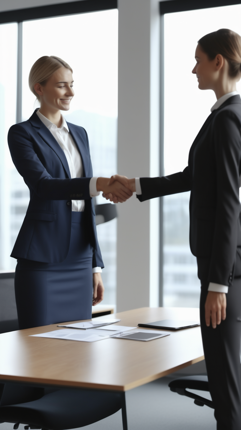 woman making a presentation at work wearing a suit giving her employee a handshake 4k