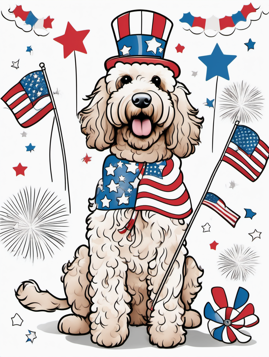 A cute goldendoodle in a whimsical 4th of