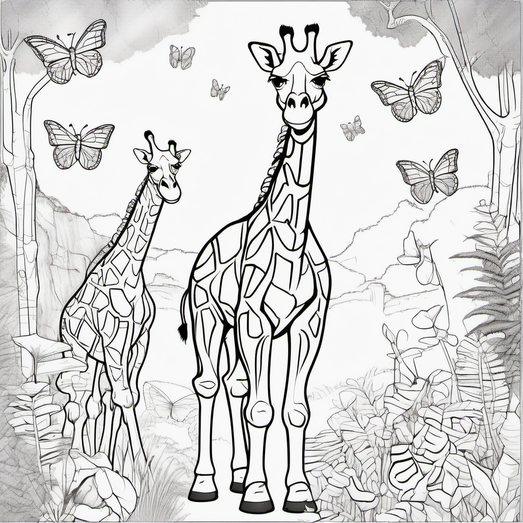 /Imagine colouring page for kids, Giraffe rex in a jungle with butterflies, Thick Lines, low details, no shading --ar 9:11