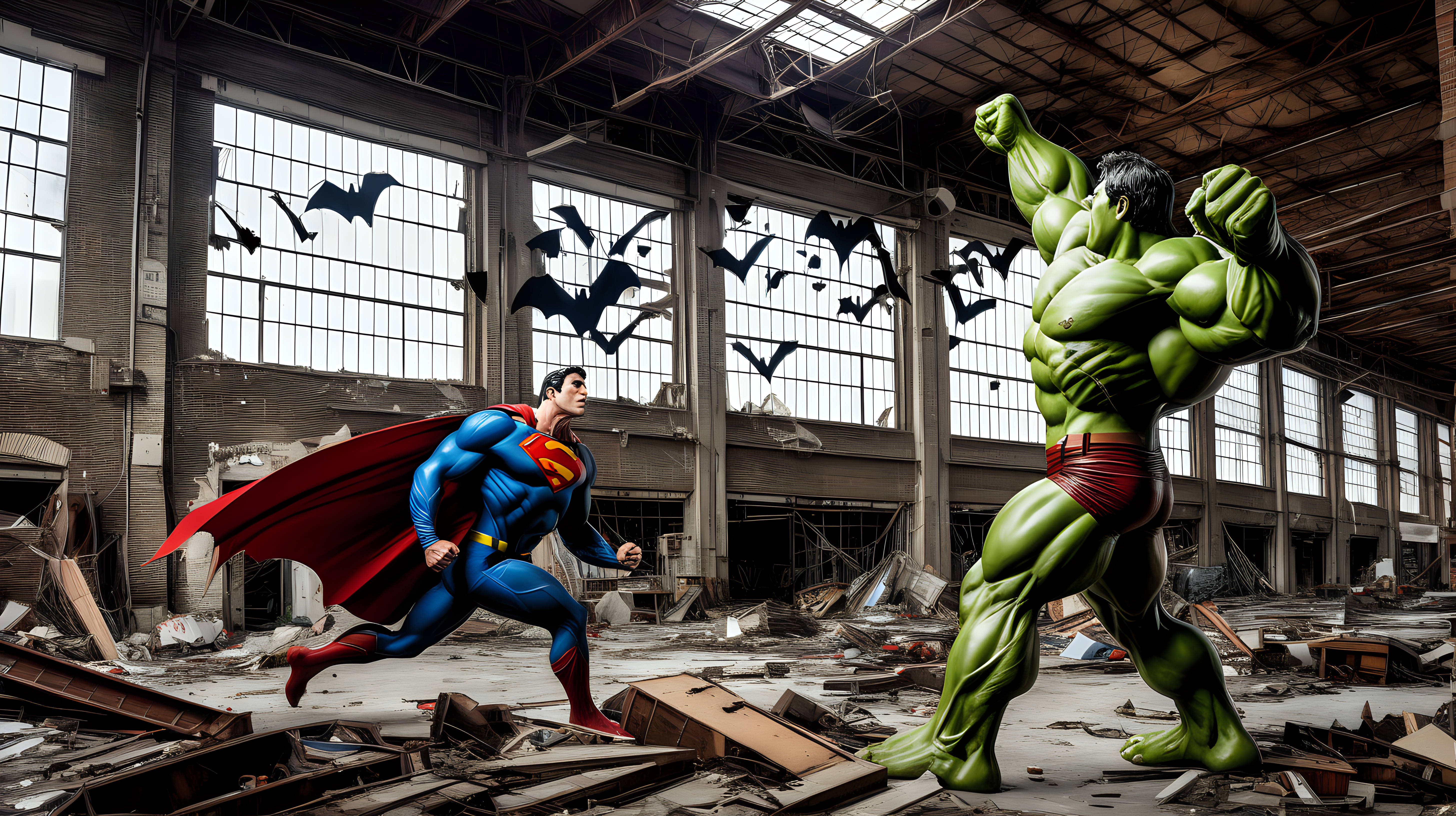 Superman fights the hulk in an abandon guitar factory with bats flying overhead