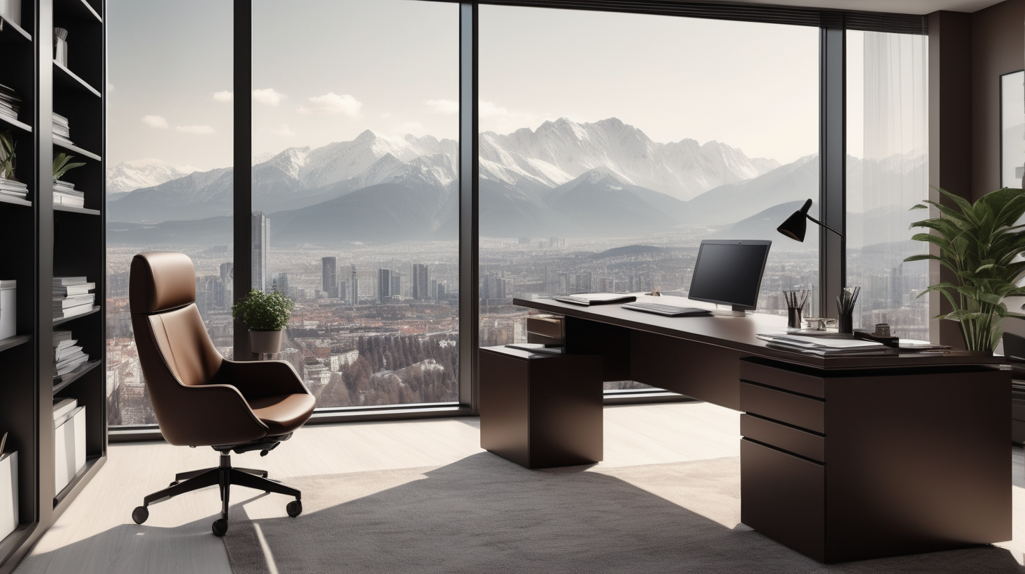 a big cabinet with  well organised workbooks and deco, Financial director modern desk with small plant and financial reports and calculator and glasses, professional, Efficiency, contemporary design, dynamic city, beside a big horizontal window with a panoramic view of a Urban panorama with montains,  deep brown and black colors and tones and light tones, touches of light, minimalist, Financial director, warm and elegant style, financial,--ar 5:3